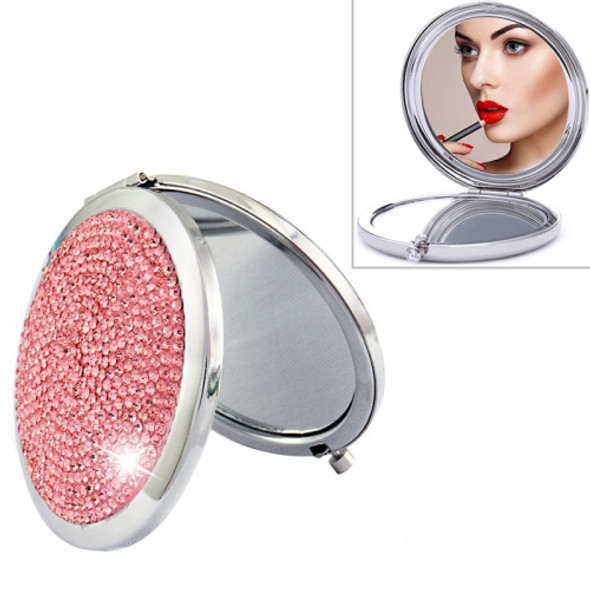 Diamond-encrusted Metal Double Side Folding Mini Portable Round Small Makeup Mirror(Pink)