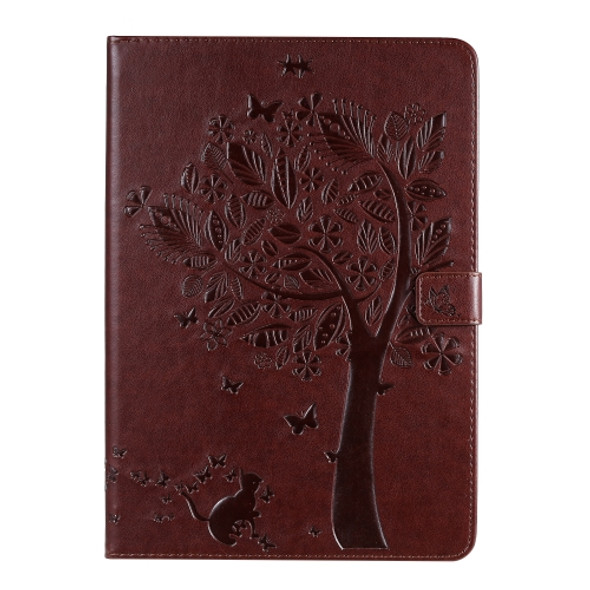 For iPad 10.2 / Pro 10.5 / Air 2019 Pressed Printing Cat and Tree Pattern Horizontal Flip Leather Case with Holder & Card Slots & Wallet(Brown)