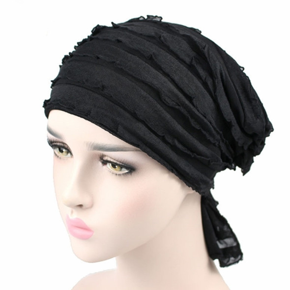 Muslim Stacking Cap Chiffon Fold Turban Cap Chemotherapy Cap (Black)