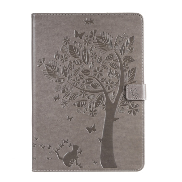 For iPad 10.2 / Pro 10.5 / Air 2019 Pressed Printing Cat and Tree Pattern Horizontal Flip Leather Case with Holder & Card Slots & Wallet(Grey)