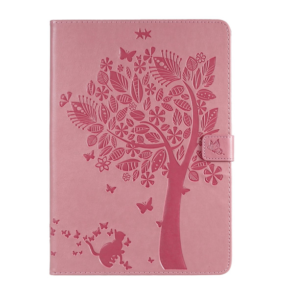For iPad 10.2 / Pro 10.5 / Air 2019 Pressed Printing Cat and Tree Pattern Horizontal Flip Leather Case with Holder & Card Slots & Wallet(Pink)