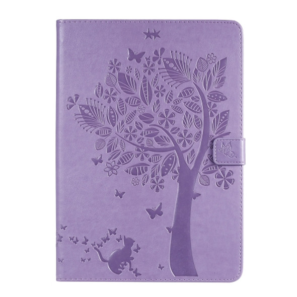 For iPad 10.2 / Pro 10.5 / Air 2019 Pressed Printing Cat and Tree Pattern Horizontal Flip Leather Case with Holder & Card Slots & Wallet(Purple)