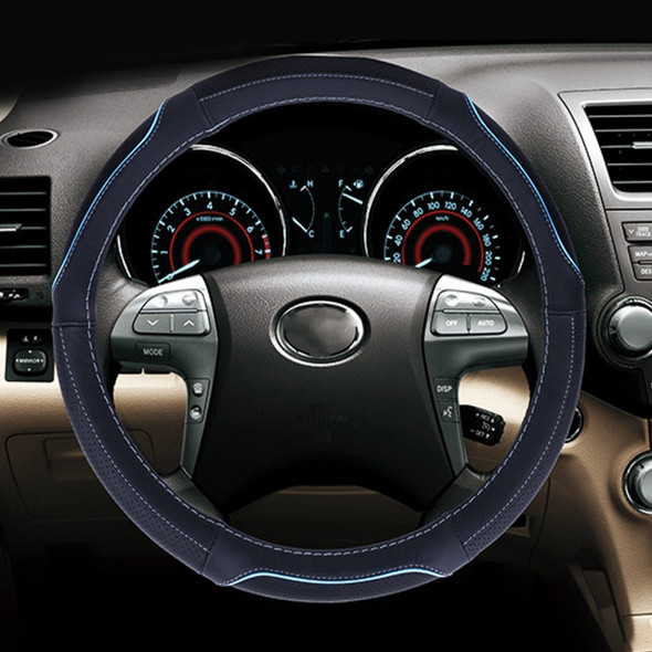 Universal Car Genuine Leather Colorful Stripe Steering Wheel Cover, Diameter: 38cm (Blue)