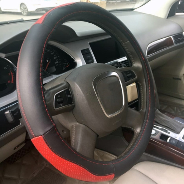 Universal Car Genuine Leather Sport Version Steering Wheel Cover, Diameter: 38cm (Black Red)