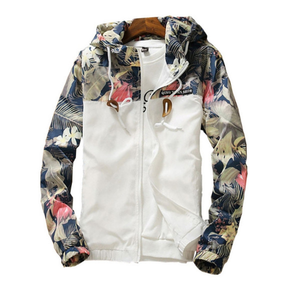 Floral Bomber Jacket Men Hip Hop Slim Fit Flowers Pilot Bomber Jacket Coat Men's Hooded Jackets, Size: XL(White)