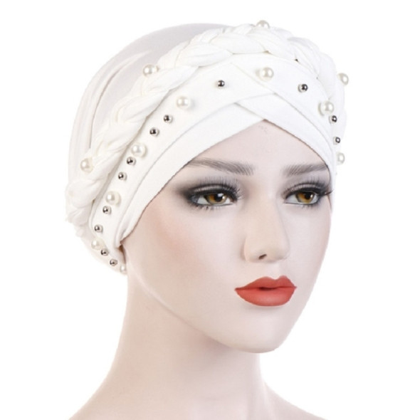 Ladies Turban Cap Milk Silk Single Braid Cap Rivet White Pearl Hooded Cap, Size:58cm(White)