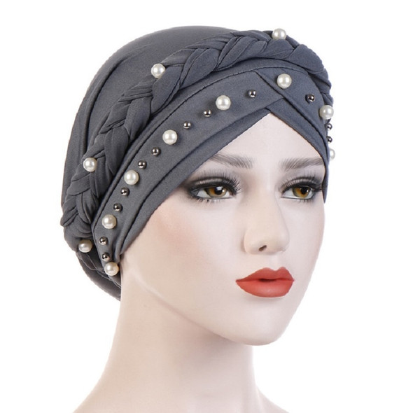 Ladies Turban Cap Milk Silk Single Braid Cap Rivet White Pearl Hooded Cap, Size:58cm(Gray)