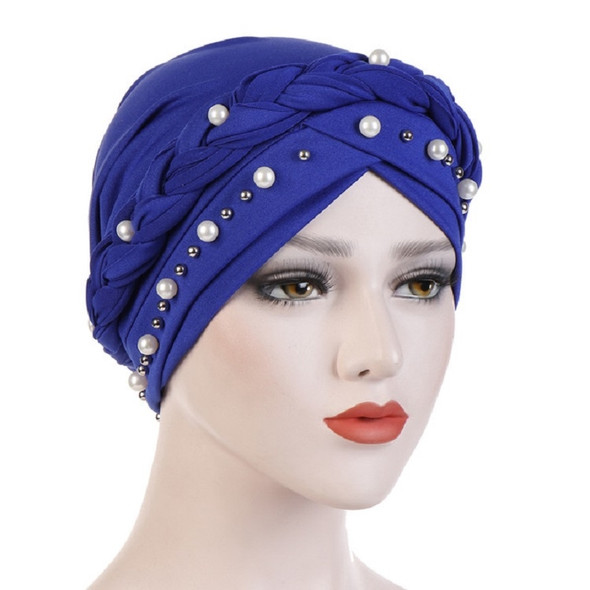 Ladies Turban Cap Milk Silk Single Braid Cap Rivet White Pearl Hooded Cap, Size:58cm(Royal Blue)