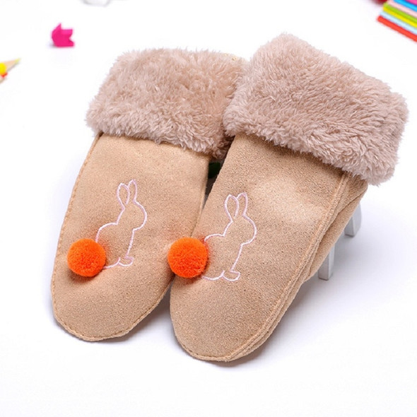 Cute Fur Ball Rabbit Embroidered Pattern Suede Warm Medium Age Children Mittens, Size:One Size(Khaki)