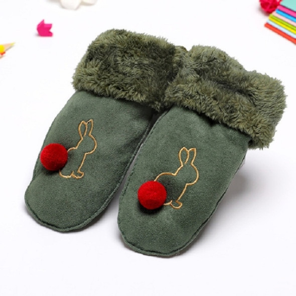 Cute Fur Ball Rabbit Embroidered Pattern Suede Warm Medium Age Children Mittens, Size:One Size(Dark Green)