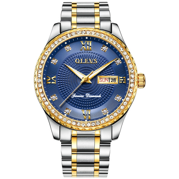 OLEVS 6618 Men Fashion Diamond Quartz Watch(Silver Gold Blue)