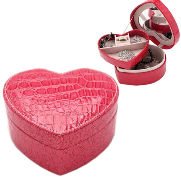 Two-layer Heart Shape Small Jewelry Box Synthetic Leather Rings and Earrings Mirrored Travel Storage Case(Magenta)