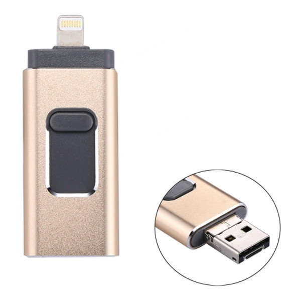 RQW-01B 3 in 1 USB 2.0 & 8 Pin & Micro USB 64GB Flash Drive, for iPhone & iPad & iPod & Most Android Smartphones & PC Computer(Gold)