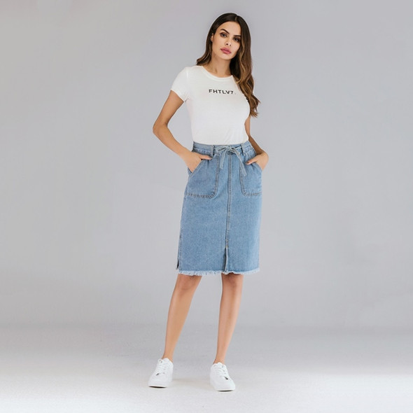 Split Lace Knee High Waist Denim Skirts (Color:Light Blue Size:L)