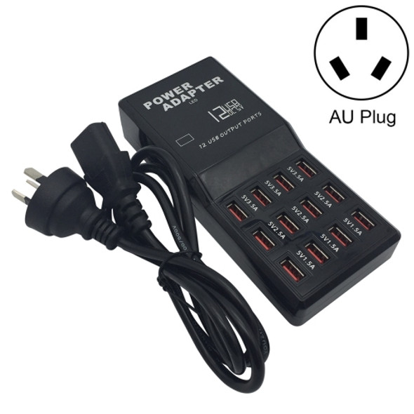 W-858 12A 12 Ports USB Fast Charging Dock Desktop Smart Charger AC100-240V, AU Plug (Black)