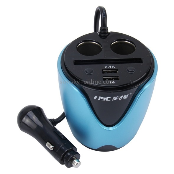 HSC YC-19 Car Cup Charger 2.1A/1A Dual USB Ports Car 12V-24V Charger with 2-Socket Cigarette and Card Socket(Blue)