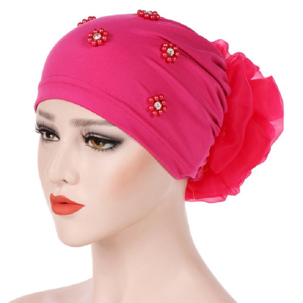 Women Personality Rear Flower Decoration Turban Hat Beaded Hooded Cap, Size:M (56-58cm)(Rose Red)