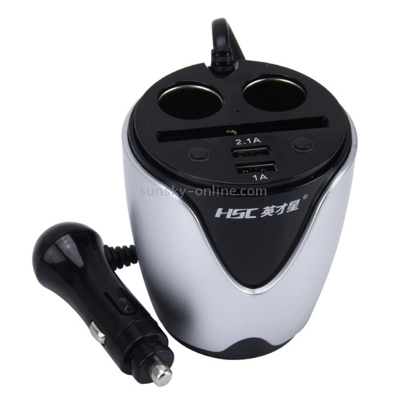 HSC YC-19 Car Cup Charger 2.1A/1A Dual USB Ports Car 12V-24V Charger with 2-Socket Cigarette and Card Socket(Silver)