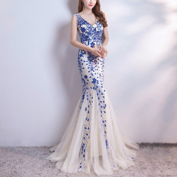 Sequins Mermaid  Evening Dress Prom Gowns Formal Party Elegant Vintage Robe, Size:XXL(Blue)