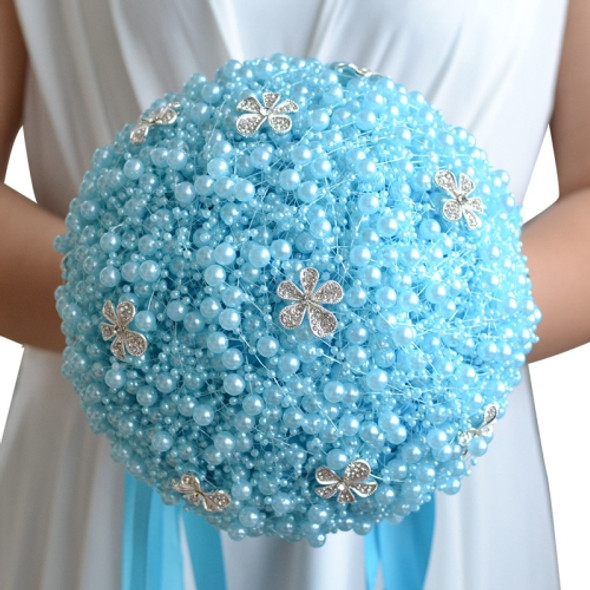 Wedding Holding Pearl Flowers Bridal Bouquet Accessories Bridesmaid Rhinestone Party Wedding Decoration Supplies, Diameter: 20cm(Blue)