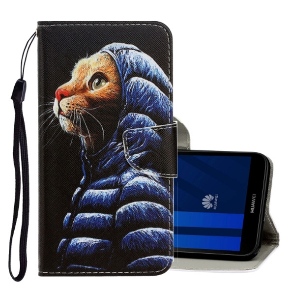 For Huawei Y5 2018 3D Colored Drawing Horizontal Flip PU Leather Case with Holder & Card Slots & Wallet(Down Jacket Cat)