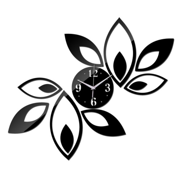 Flower Art Modern Design DIY Removable 3D Crystal Mirror Wall Clock Wall Sticker Living Room Bedroom Decor(Black)