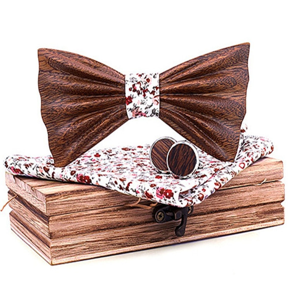 4 in 1 Men 3D Emboss Wood Bow-knot + Pocket Square Towel + Wood Box + 2 Cufflinks Set(T248-C3)