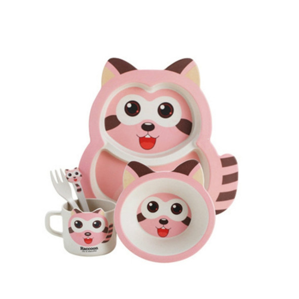 5 PCS /Set Baby Cute Raccoon Feeding Food Dishes Kids Dinnerware(Pink )