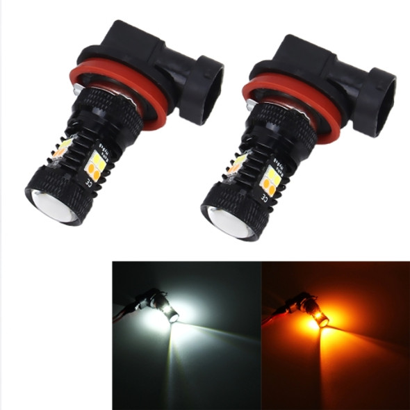 2 PCS Super Bright H11/H8 DC 12V 5W 350LM Auto Car Fog Light with 16 SMD-3030 LED Bulbs Lamp, White + Yellow Light