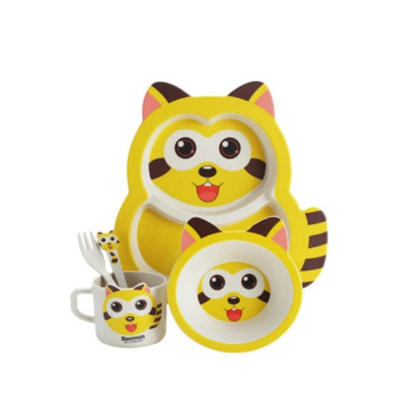 5 PCS /Set Baby Cute Raccoon Feeding Food Dishes Kids Dinnerware(Yellow)