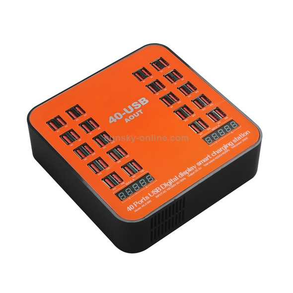 WLX-840 200W 40 Ports USB Digital Display Smart Charging Station AC100-240V, US Plug (Black+Orange)