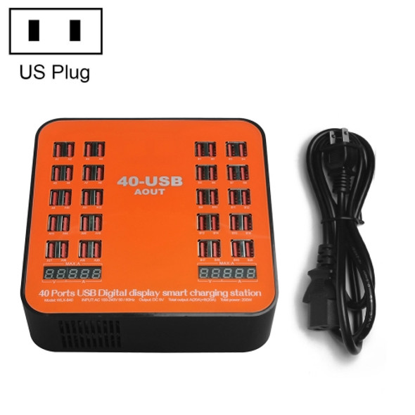 WLX-840 200W 40 Ports USB Digital Display Smart Charging Station AC100-240V, US Plug (Black+Orange)