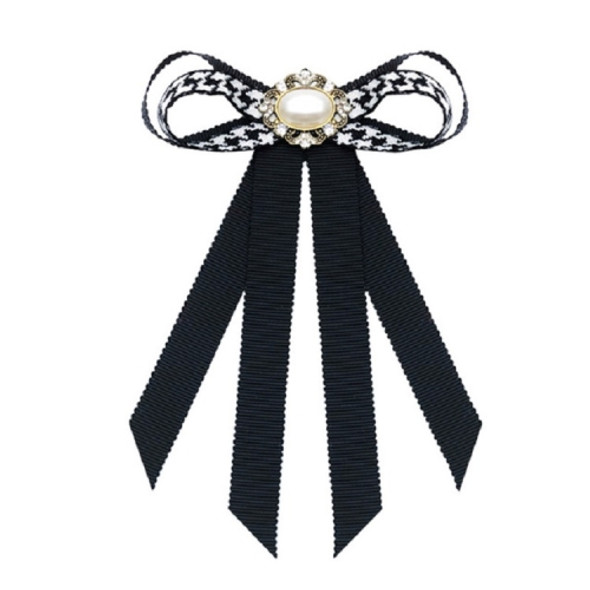 Women Houndstooth Pattern Pearl Bow-knot Bow Tie Professional Brooch Costume Accessories(White)