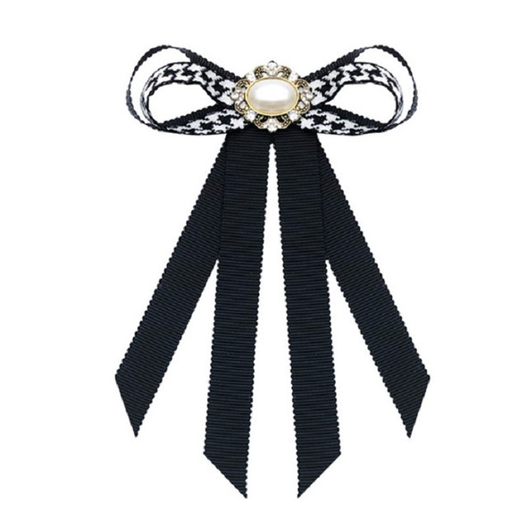 Women Houndstooth Pattern Pearl Bow-knot Bow Tie Professional Brooch Costume Accessories(White)