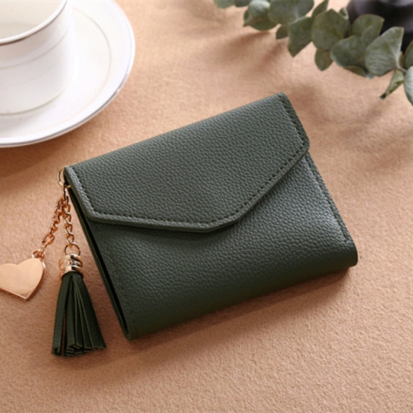 Women Wallet Fringed Pendant Litchi Texture Wallet Card Pack Coin Purse(Dark Green)