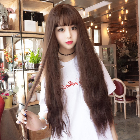 Air Bangs Fluffy Corn Blanching Water Ripple Long Curly Hair Wig Rose Net Headgear for Women(Dark Brown)