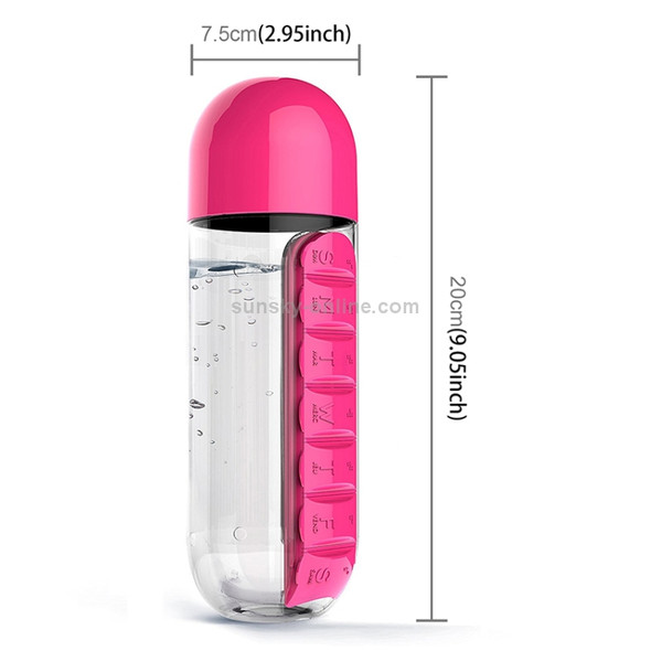 600ML Plastic Water Bottle with Daily Pill Box Organizer Drinking Bottles(Pink)