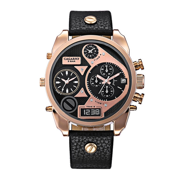 CAGARNY 6822 Fashionable Concise Style Large Dial Dual Clock Rose Gold Case Quartz Movement Wrist Watch with Leather Band & GMT Time & Calendar Functions for Men(Black Window)