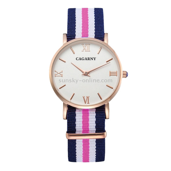 CAGARNY 6813 Fashionable Ultra Thin Rose Gold Case Quartz Wrist Watch with 5 Stripes Nylon Band for Women(Pink)