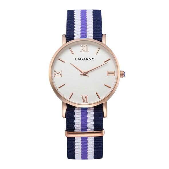 CAGARNY 6813 Fashionable Ultra Thin Rose Gold Case Quartz Wrist Watch with 5 Stripes Nylon Band for Women(Blue)