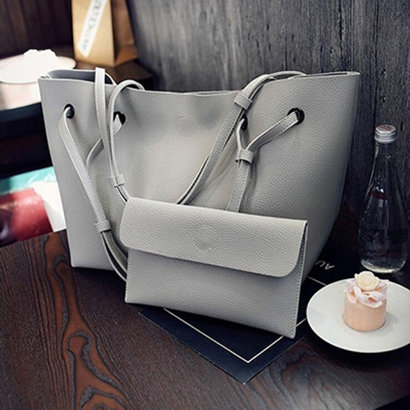 2 in 1 Soft Leather Women Bag Set Luxury Fashion Design Shoulder Bags Big Casual Bags Handbag(Grey)