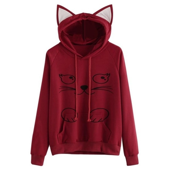 Solid Black Hooded Top Cute Cat Hoodie Warm Womens Sports Sweater, Size:XXL(Wine Red)