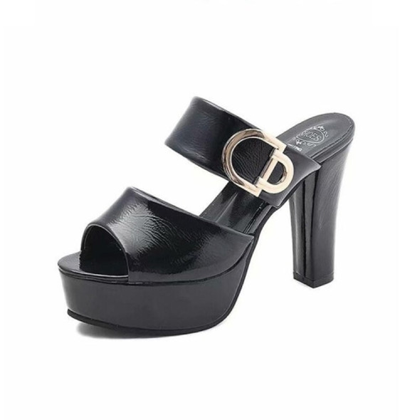 Women Fashion Open Toe Buckle Tie High Heels Shoes, Size:35(Black)