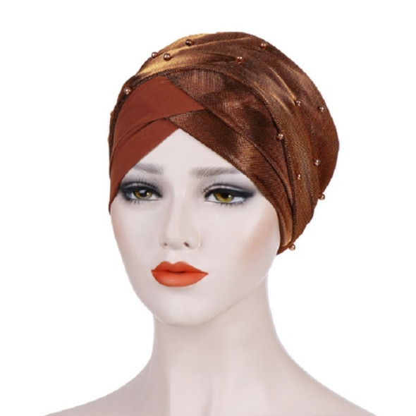 2 PCS Women Beaded Two-color Turban Hat Bright Silk Cloth Hooded Cap(Red Brown)