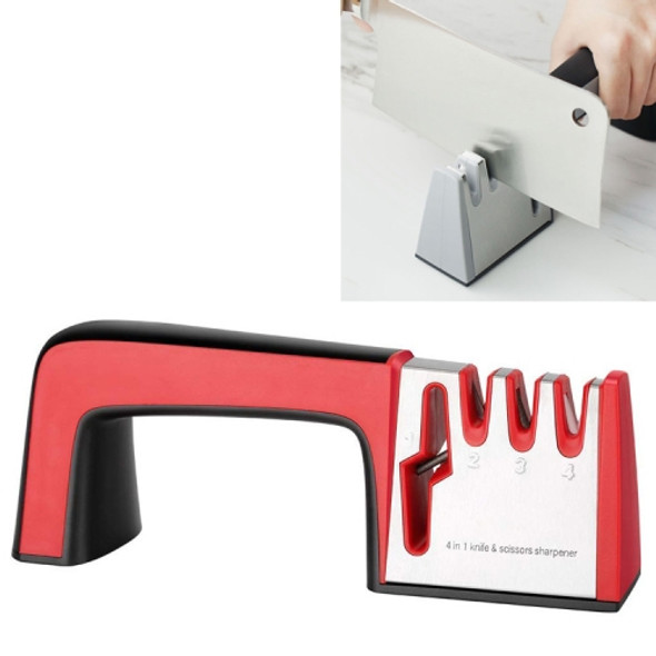 4 in 1 Stainless Steel Knife Sharpener Four Section Hand-held Quick Sharpening Tool with Non Slip Handle(Red)