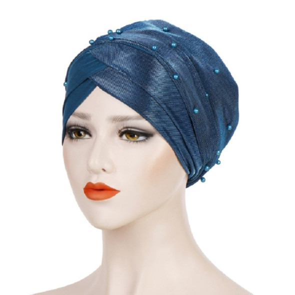 2 PCS Women Beaded Two-color Turban Hat Bright Silk Cloth Hooded Cap(Lake Blue)