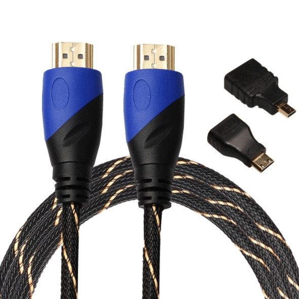 1.8m HDMI 1.4 Version 1080P Woven Net Line Blue Black Head HDMI Male to HDMI Male Audio Video Connector Adapter Cable with Mini HDMI & Micro HDMI Adapter Set