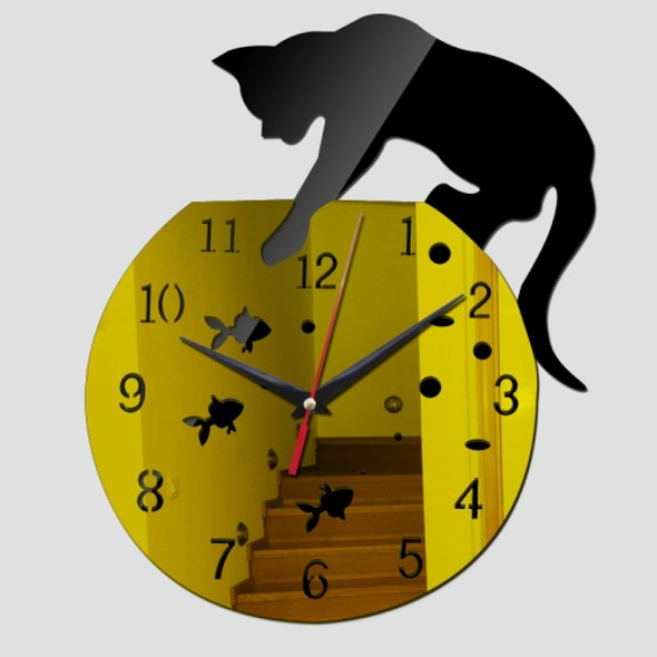 3D Acrylic Cat Mirror Wall Clock DIY Fashion Home Decoration(Black Gold)