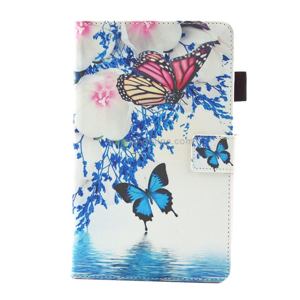 For Galaxy Tab A 8.0  / T380 & T385 Blue and Red Butterflies Pattern Horizontal Flip Leather Case with Holder & Card Slots