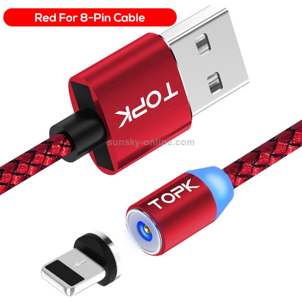 TOPK 1m 2.1A Output USB to 8 Pin Mesh Braided Magnetic Charging Cable with LED Indicator(Red)